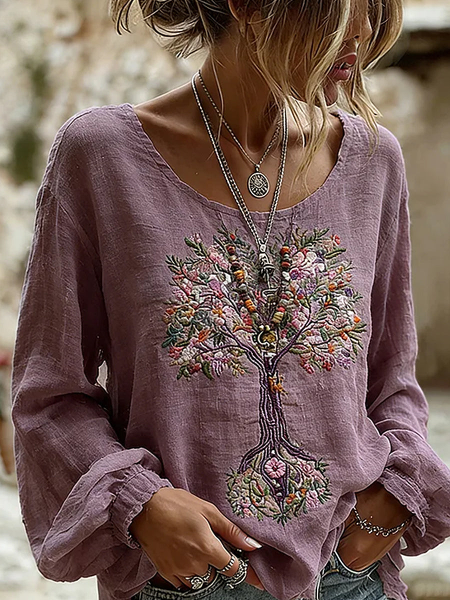 Women's Vintage Floral Art Print Casual Cotton-Linen Top