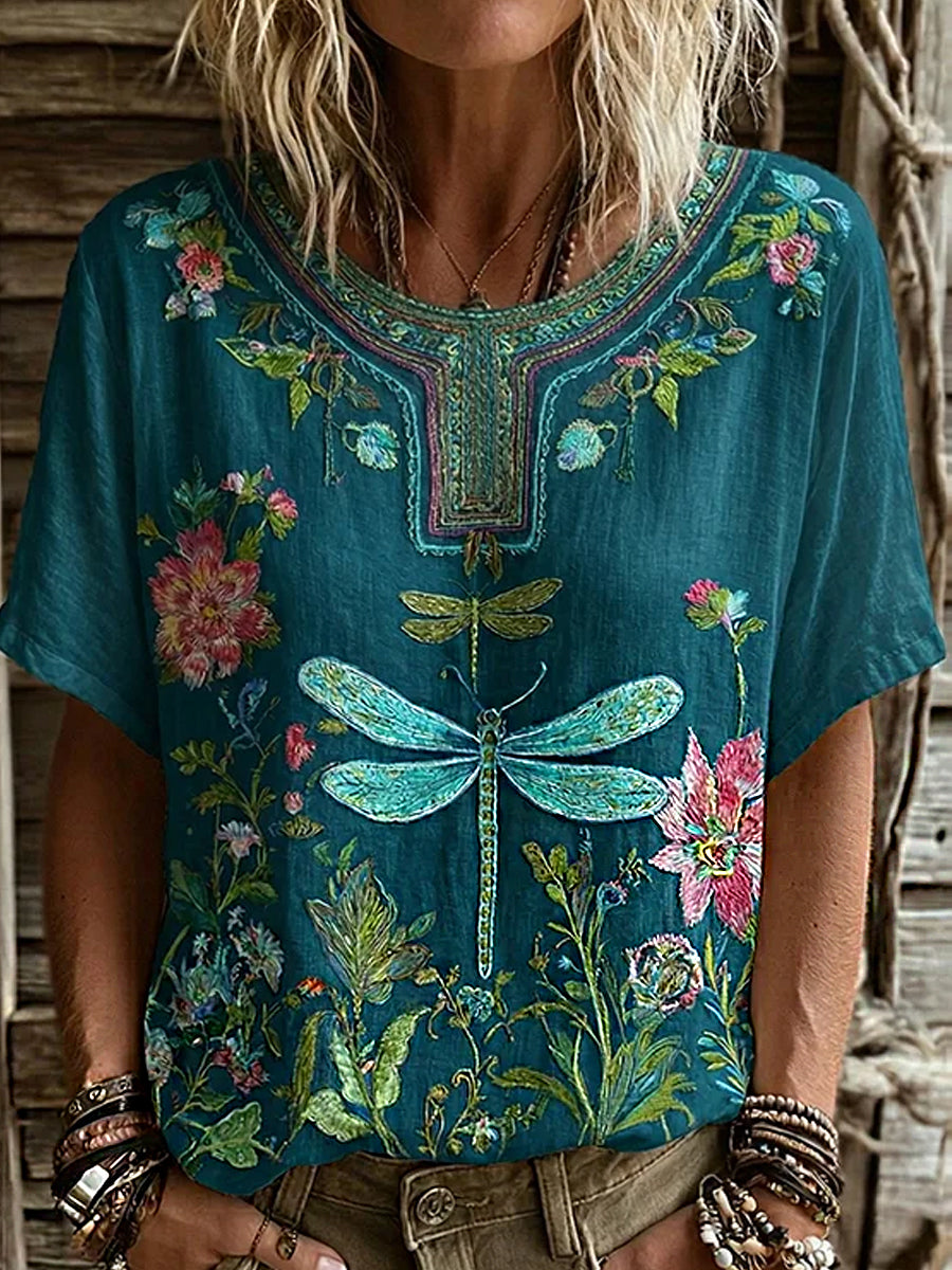Women's Vintage Floral Art Print Casual Cotton-Linen Top