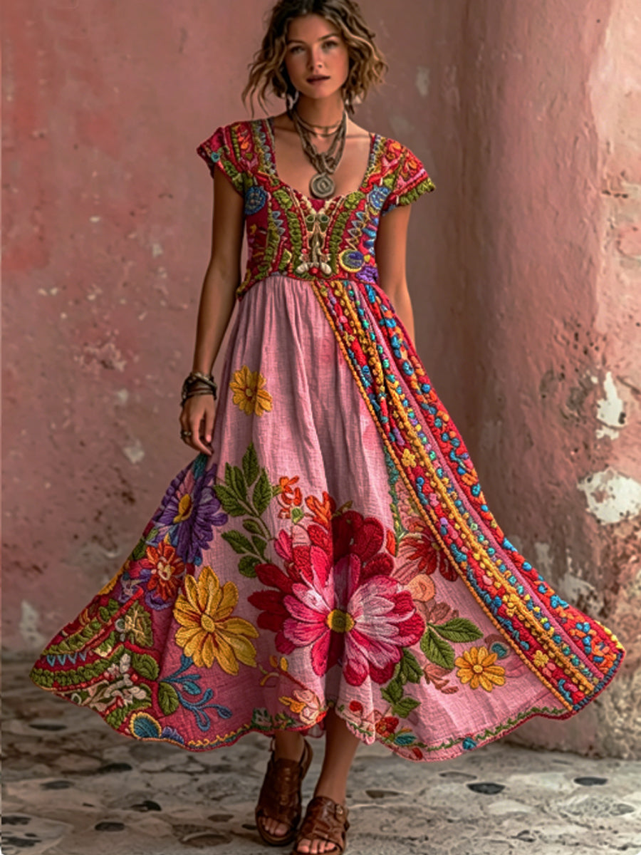 Women's Bohemian Floral Embroidery Art Round Neck Short Sleeve Maxi Dress