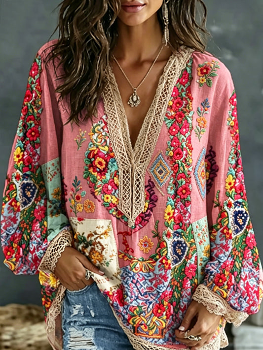 Women's Bohemian Floral Embroidery Art Contrast Color Linen Blend V-Neck Long Sleeve Shirt
