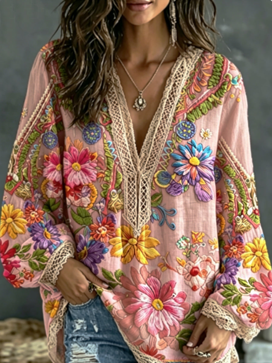 Women's Bohemian Floral Embroidery Art Contrast Color Linen Blend V-Neck Long Sleeve Shirt