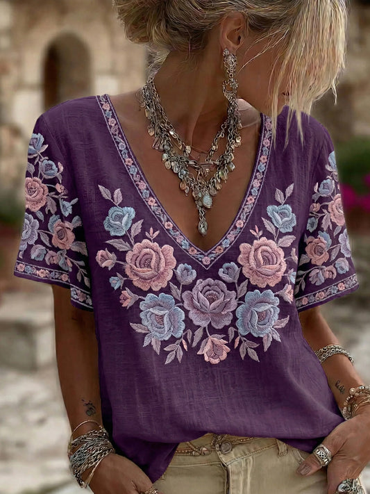 Women's Alzheimer's Awareness Floral Casual Short Sleeves V-neck Shirt