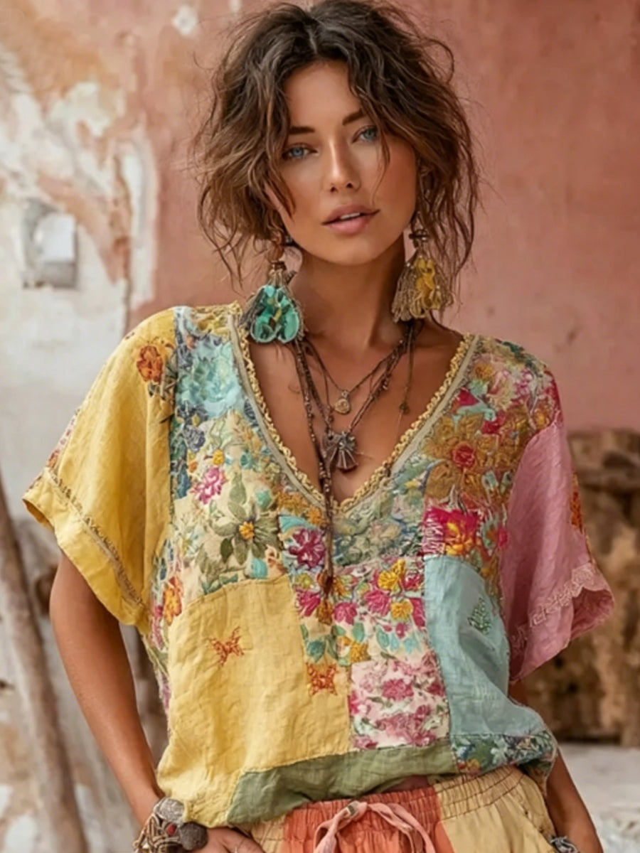 Women's Bohemian Floral Embroidery Patchwork Art V-neck Linen Blend T-shirt