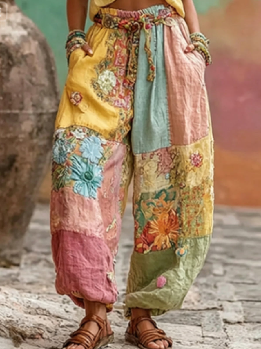 Women's Bohemian Floral Embroidery Art Contrast Color Linen Blend Casual Pants