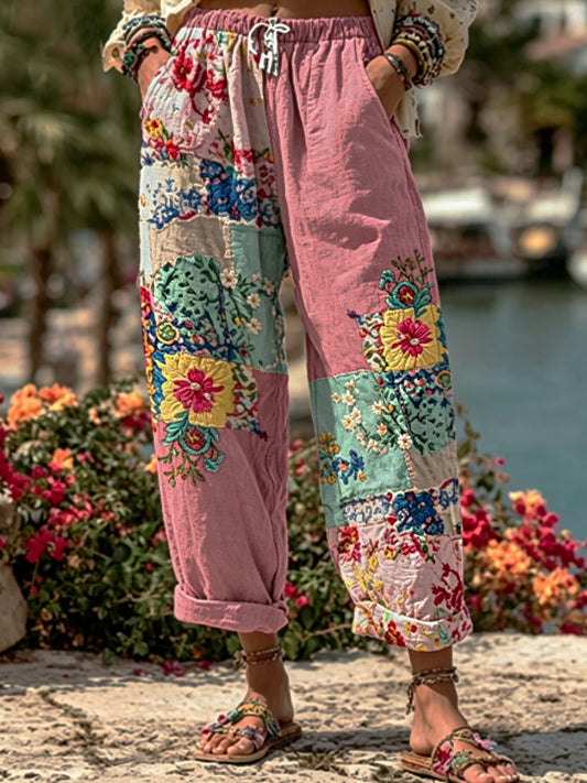 Women's Bohemian Floral Embroidery Art Contrast Color Linen Blend Casual Pants
