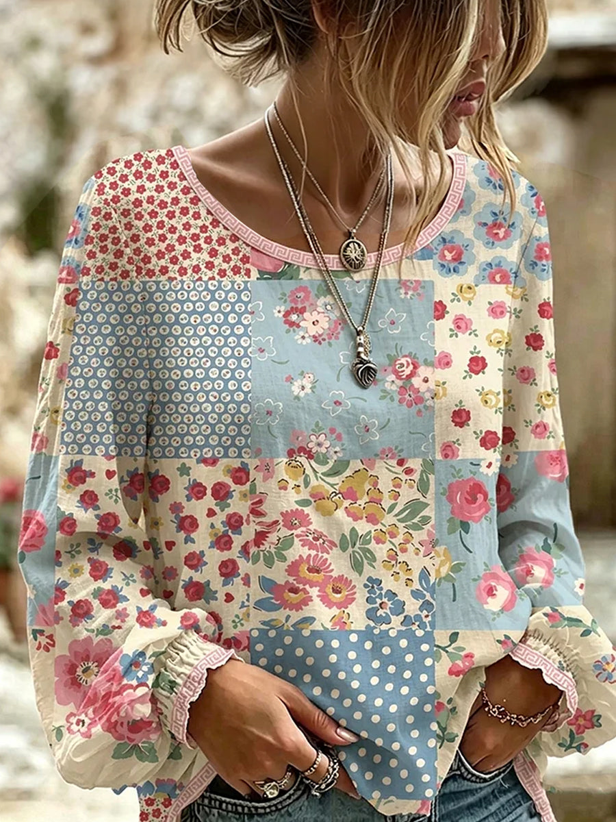 Retro Floral Art Print Casual Cotton-Linen Top