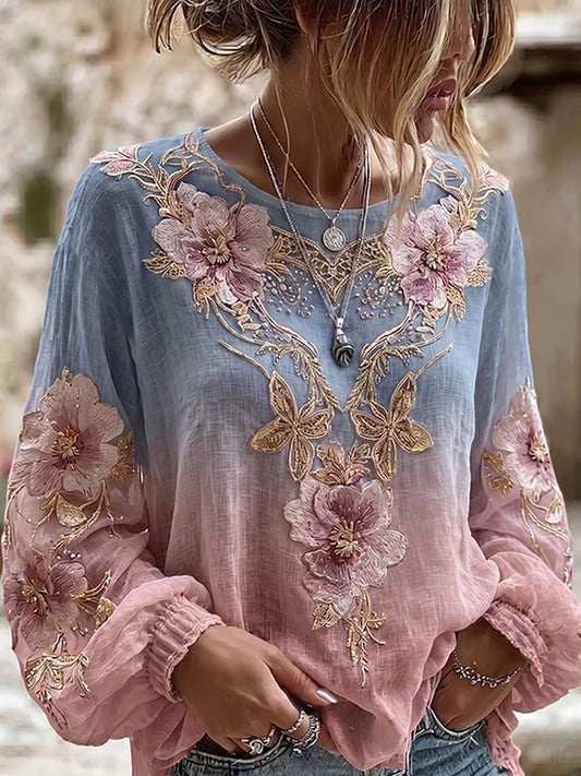 Retro Floral Art Print Casual Cotton-Linen Top
