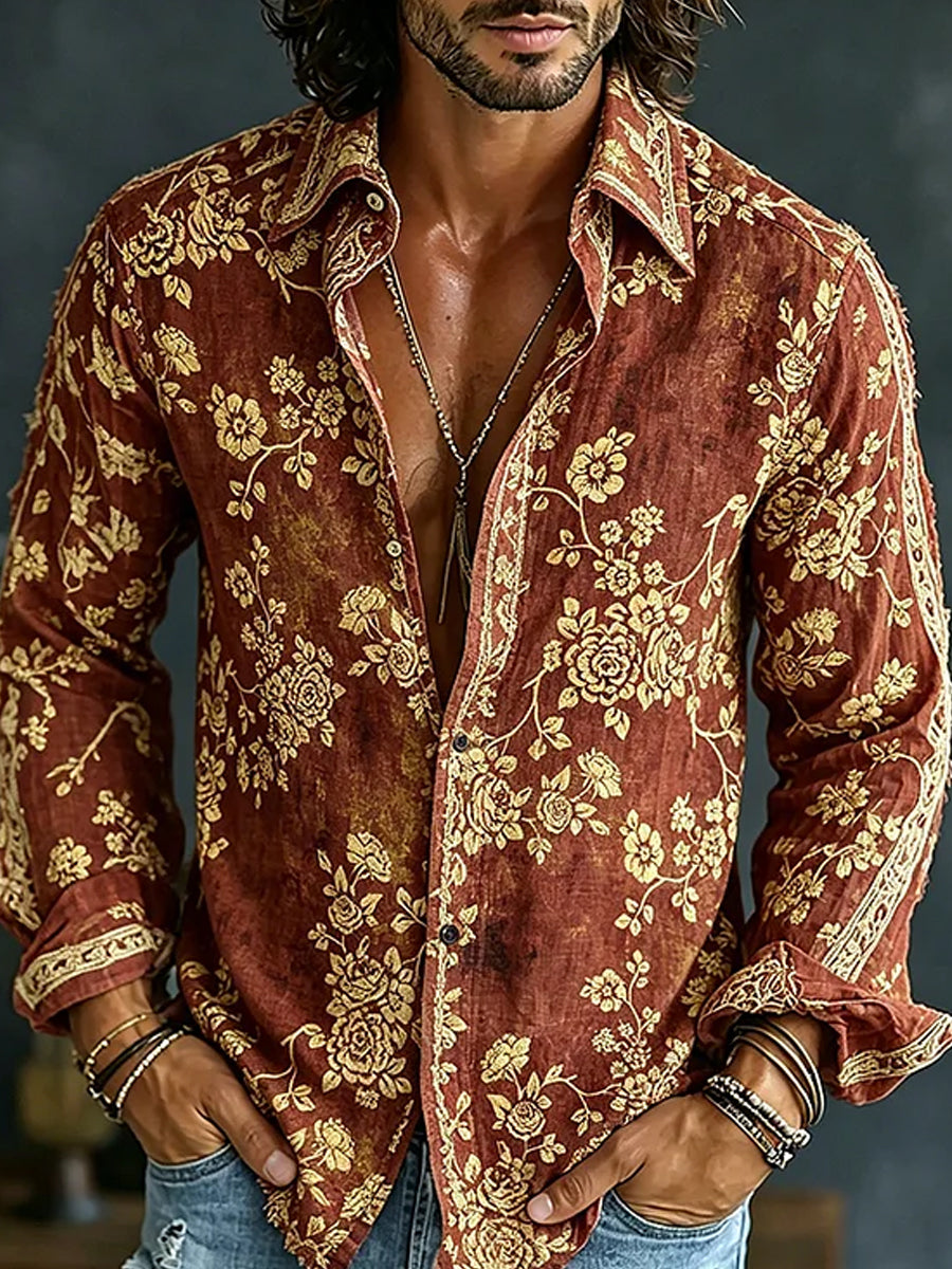 Retro Embroidered Art Print Casual Cotton-Linen Shirt