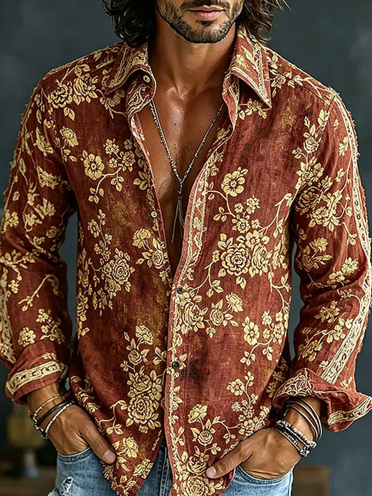 Retro Embroidered Art Print Casual Cotton-Linen Shirt