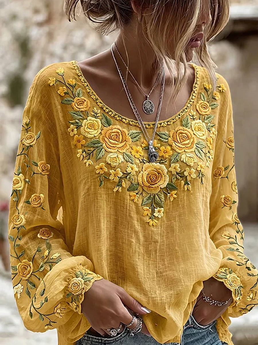 Retro Floral Art Print Casual Cotton-Linen Top