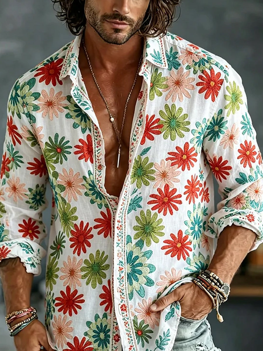 Retro Embroidered Art Print Casual Cotton-Linen Shirt