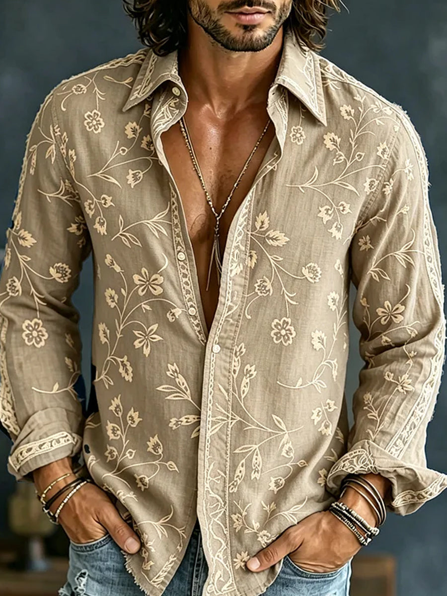 Retro Embroidered Art Print Casual Cotton-Linen Shirt