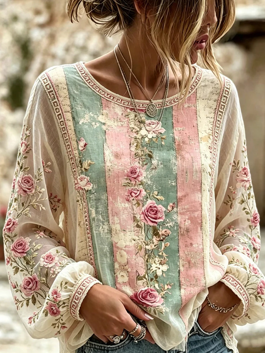 Retro Floral Art Print Casual Cotton-Linen Top