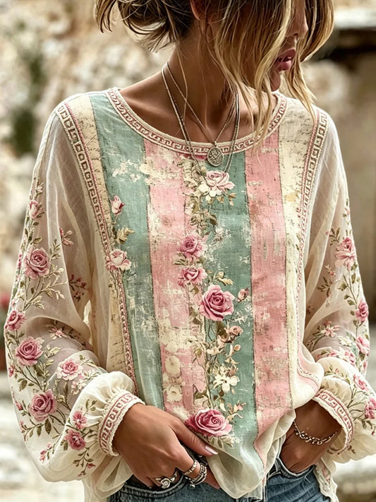 Retro Floral Art Print Casual Cotton-Linen Top