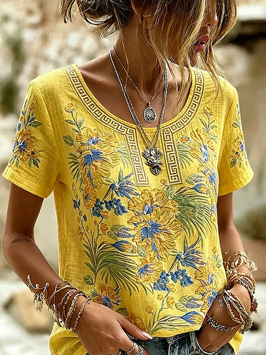 Retro Floral Art Print Casual Cotton-Linen T-Shirt
