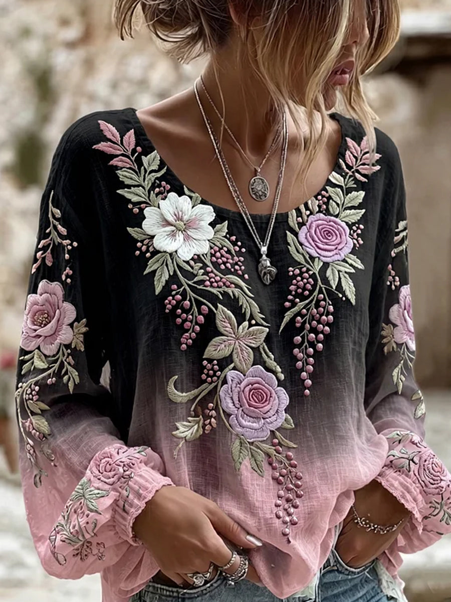 Retro Floral Art Print Casual Cotton-Linen Top