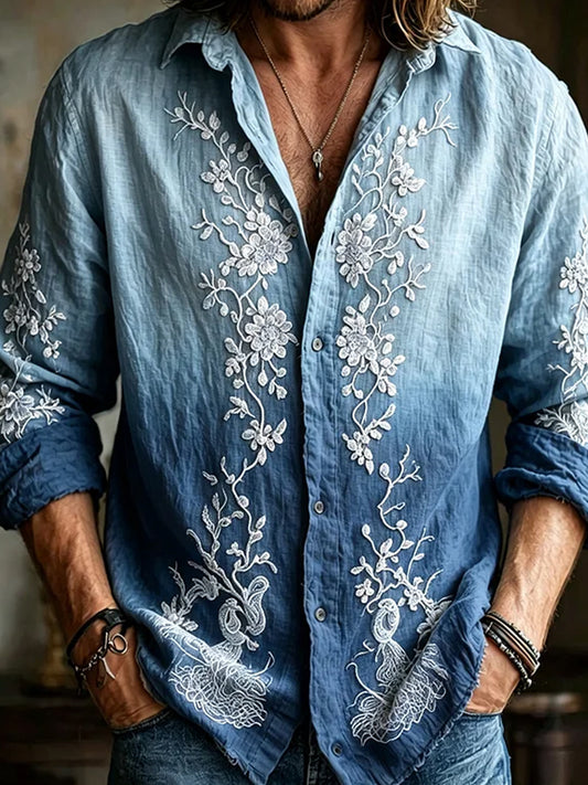 Retro Embroidered Art Print Casual Cotton-Linen Shirt