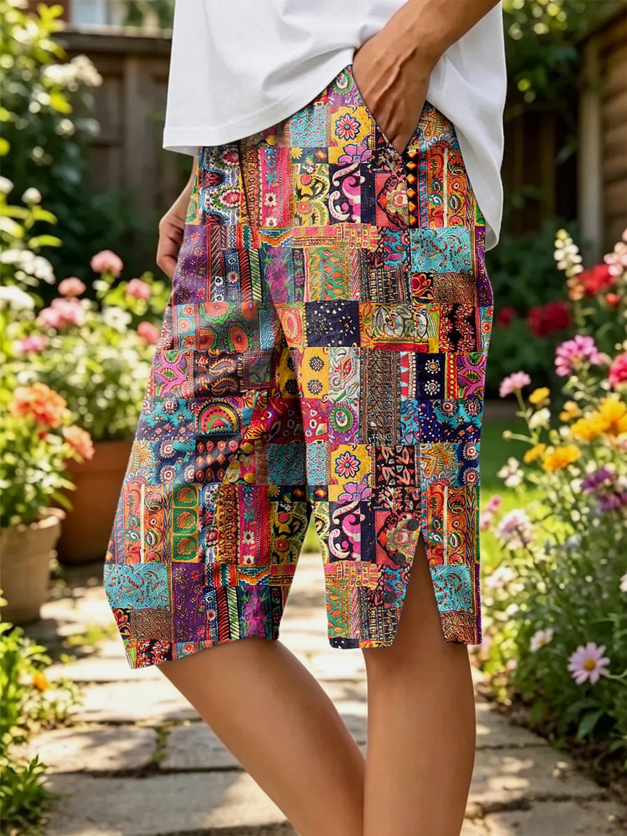 Women's Floral Art Cotton Linen Mid Trousers
