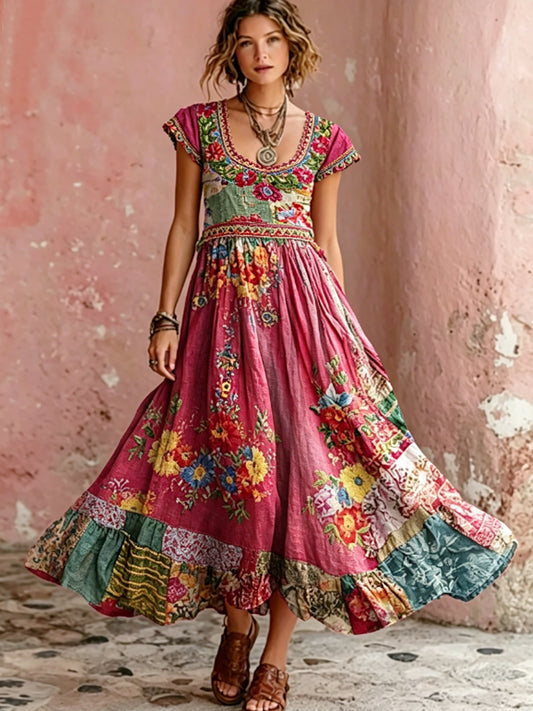 Women's Bohemian Floral Embroidery Art Round Neck Short Sleeve Dress