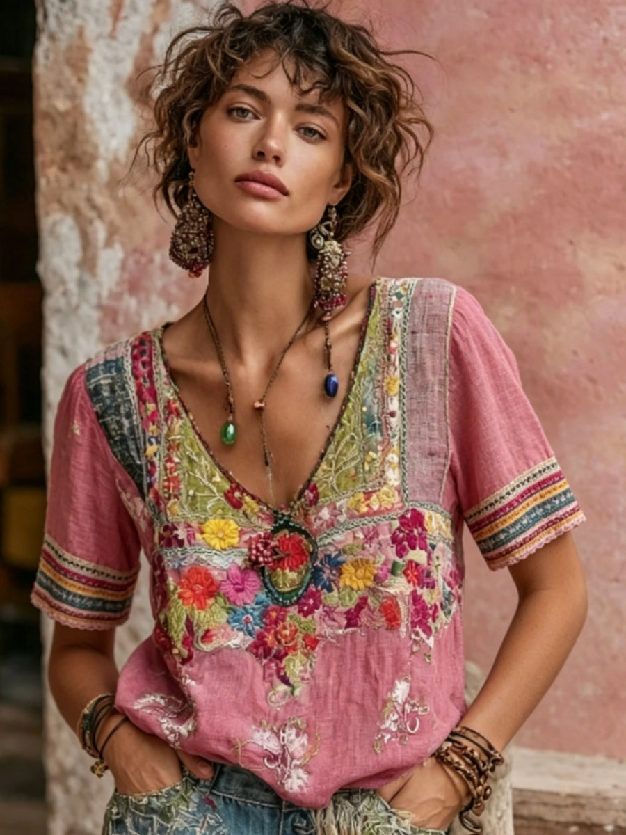 Women's Bohemian Floral Embroidery Patchwork Art V-neck Short Sleeve Linen Blend T-shirt