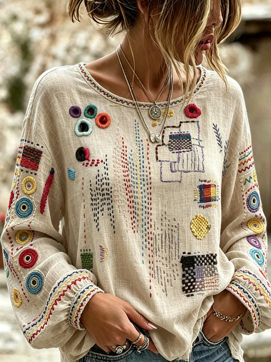 Women's Vintage Floral Art Print Casual Cotton-Linen Top
