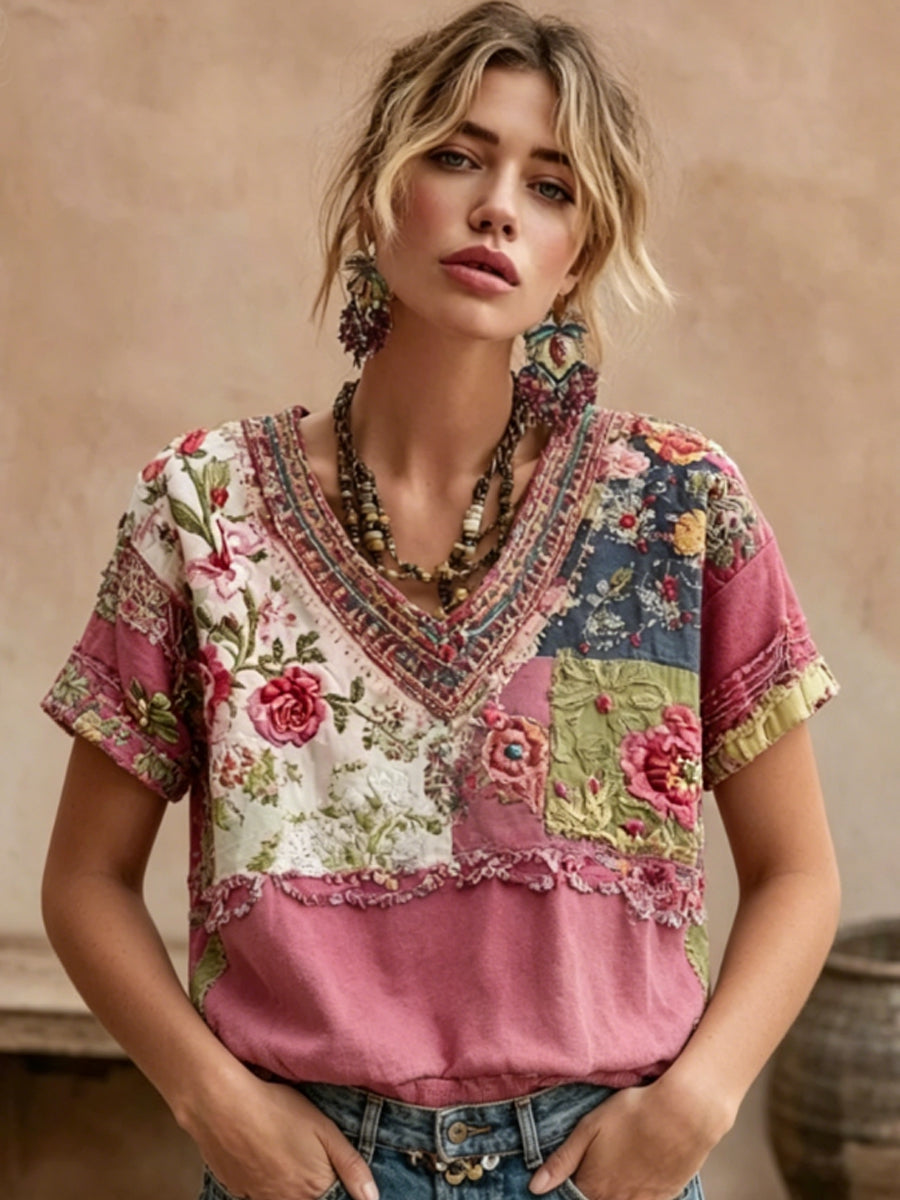 Women's Bohemian Floral Embroidery Patchwork Art V-neck Short Sleeve Linen Blend T-shirt