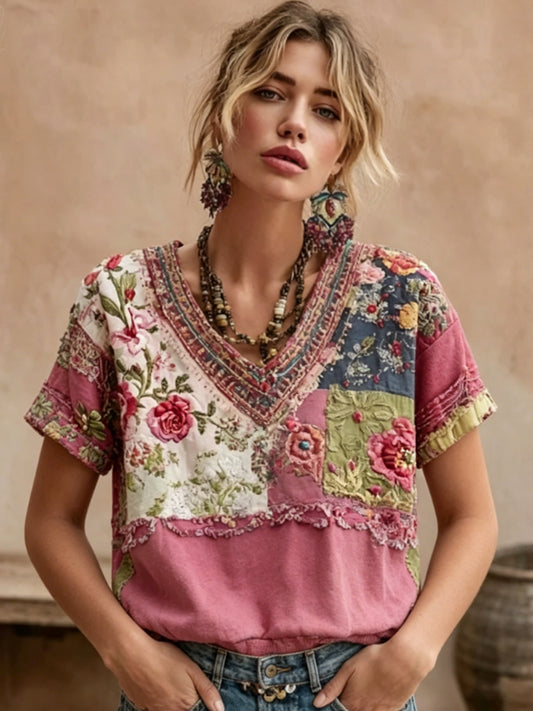 Women's Bohemian Floral Embroidery Patchwork Art V-neck Short Sleeve Linen Blend T-shirt