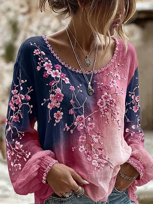 Women's Vintage Floral Art Print Casual Cotton-Linen Top