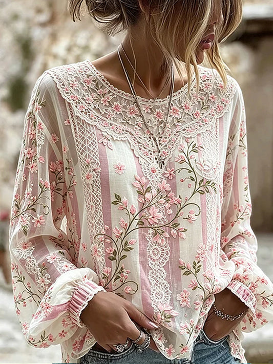Women's Vintage Floral Art Print Casual Cotton-Linen Top