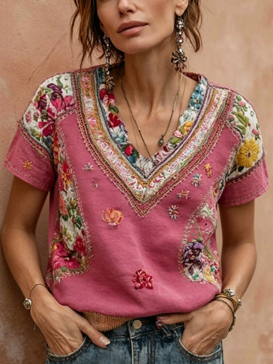 Women's Bohemian Floral Embroidery Patchwork Art V-neck Short Sleeve Linen Blend T-shirt