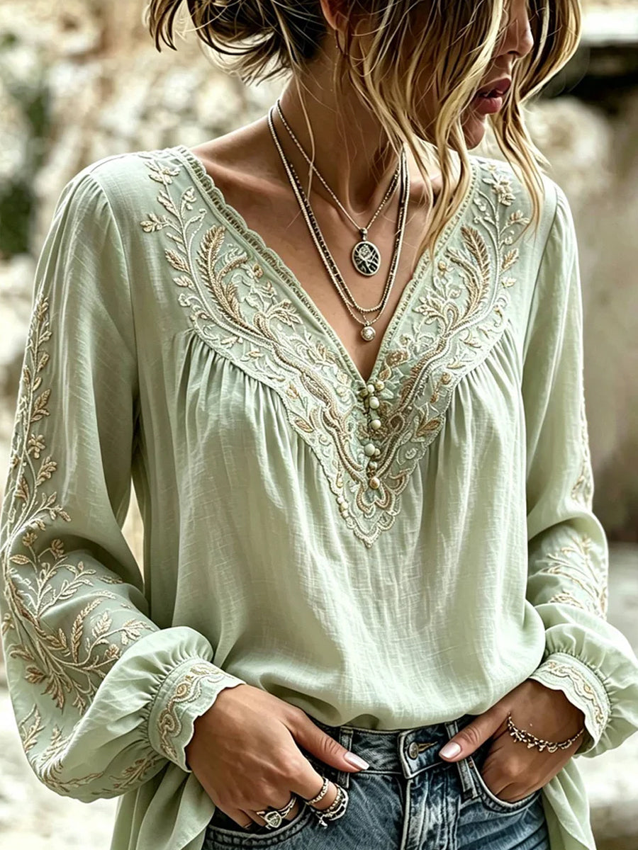 Women's Vintage Floral Art Print Casual Cotton-Linen Top