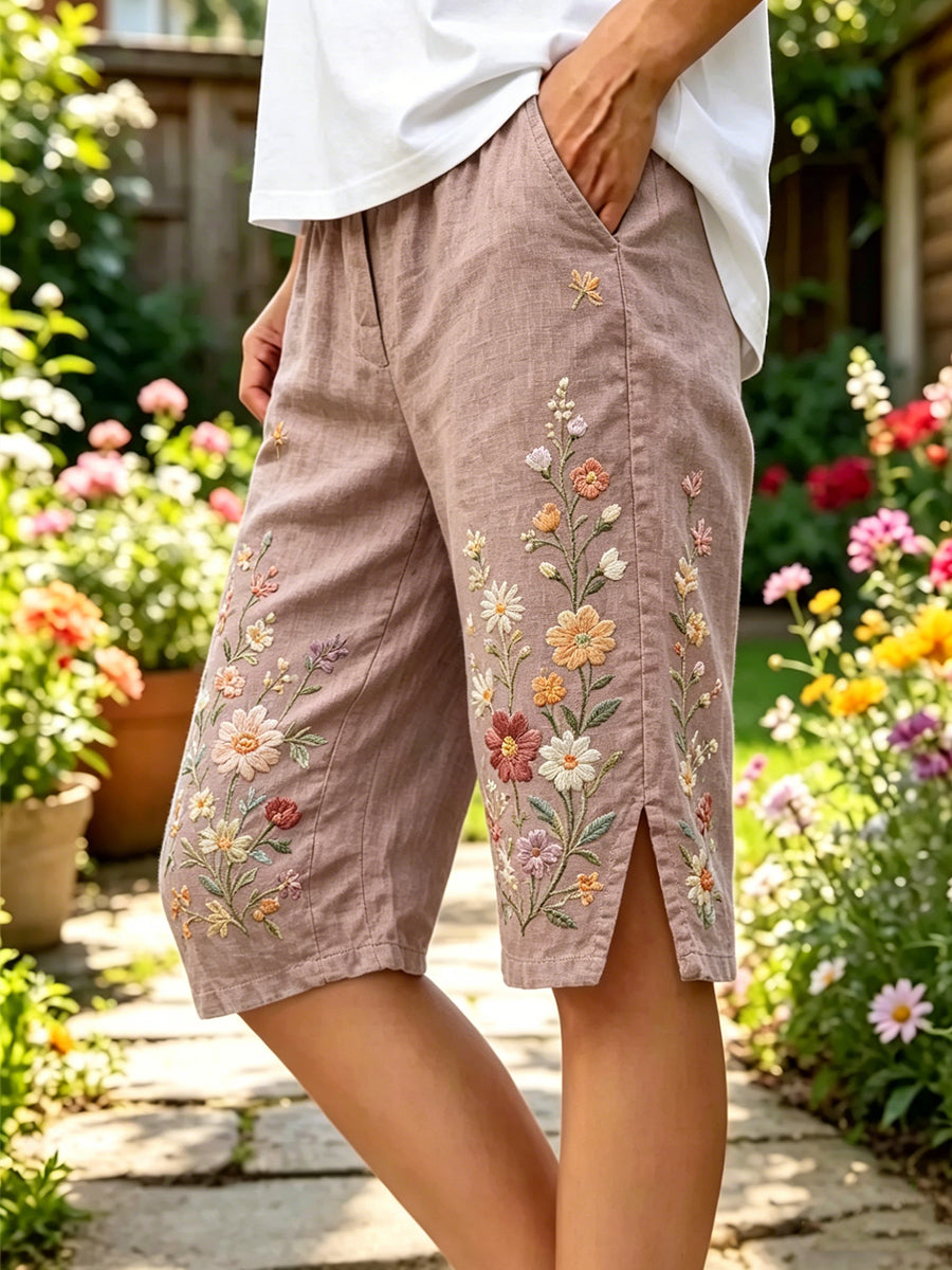 Women's Floral Art Cotton Linen Mid Trousers