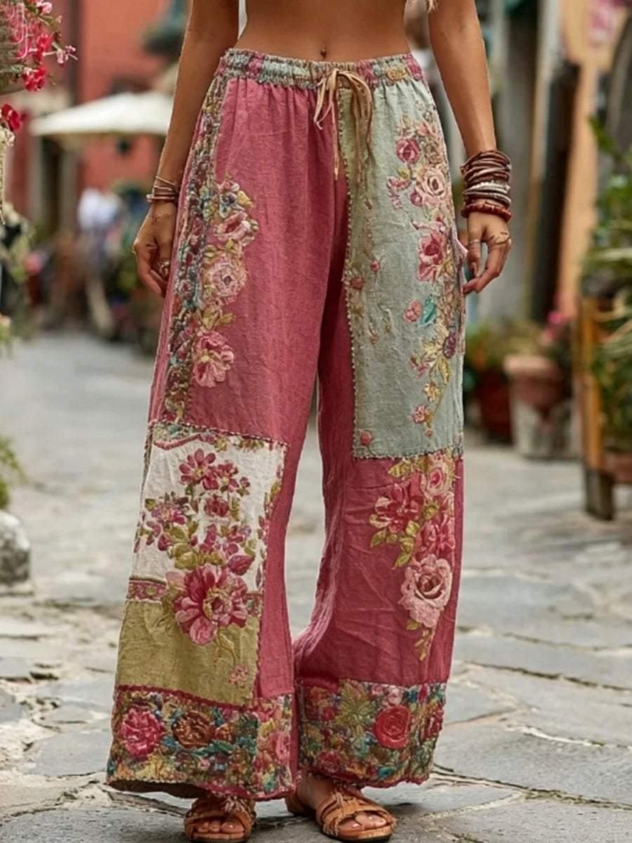Women's Bohemian Floral Embroidery Art Contrast Color Linen Blend Casual Pants