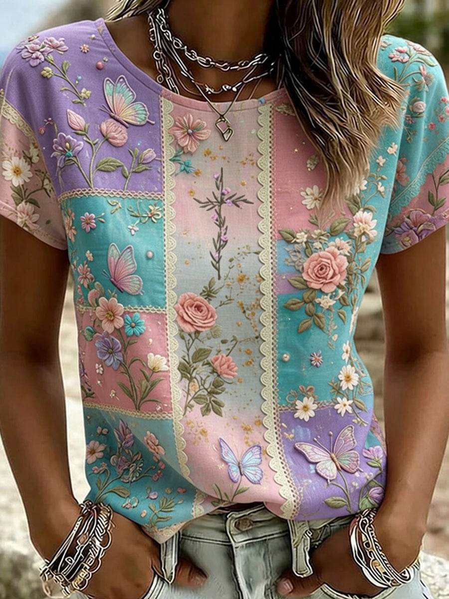 Women's Vintage Floral Embroidered Art Print Comfort T-Shirt