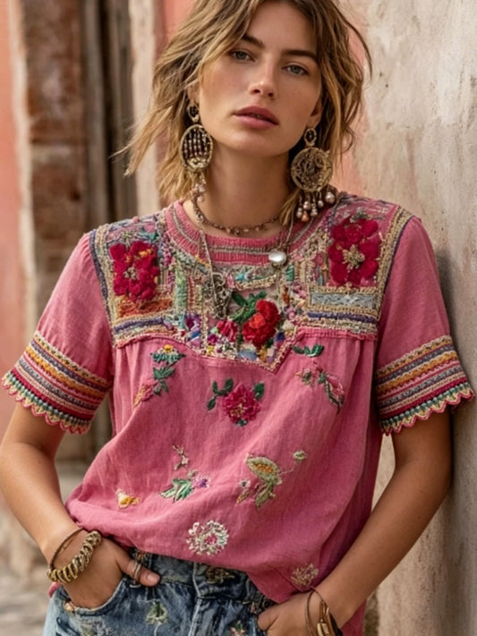 Women's Vintage Bohemian Floral Embroidery Patchwork Art Round Neck Short Sleeve Linen Blend T-shirt