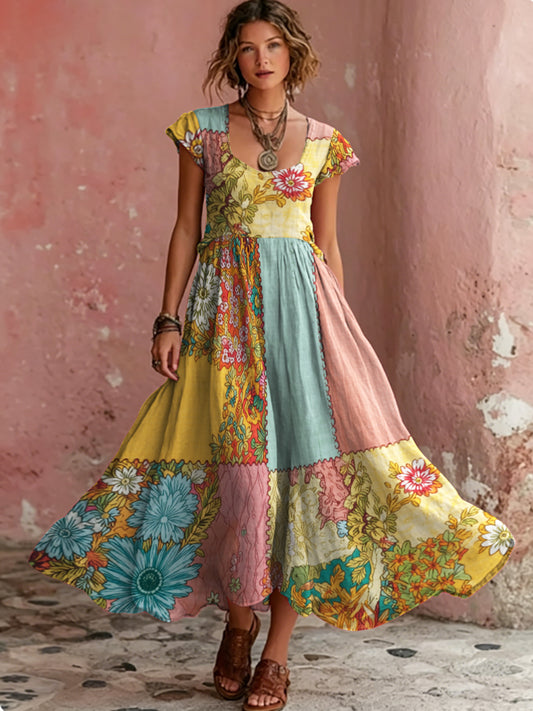 Women's Bohemian Floral Embroidery Art Round Neck Short Sleeve Midi Dress