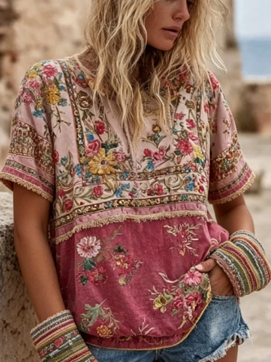 Women's Vintage Bohemian Floral Embroidery Patchwork Art Round Neck Short Sleeve Linen Blend T-shirt
