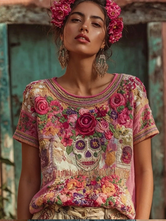 Women's Vintage Bohemian Floral Embroidery Patchwork Art Round Neck Short Sleeve Linen Blend T-shirt