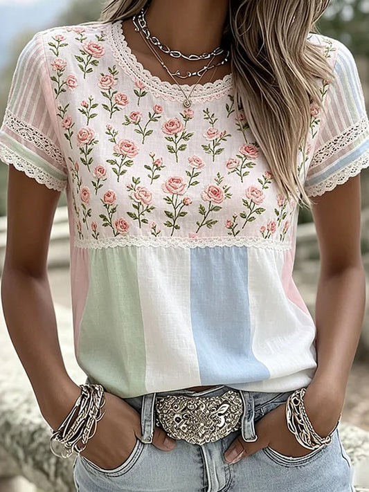Women's Vintage Floral Art Print Comfort T-Shirt