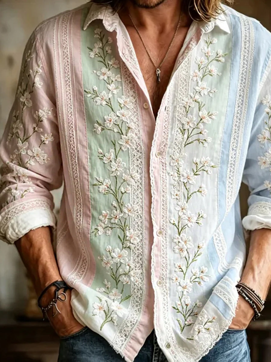 Retro Abstract Art Print Casual Cotton-Linen Shirt