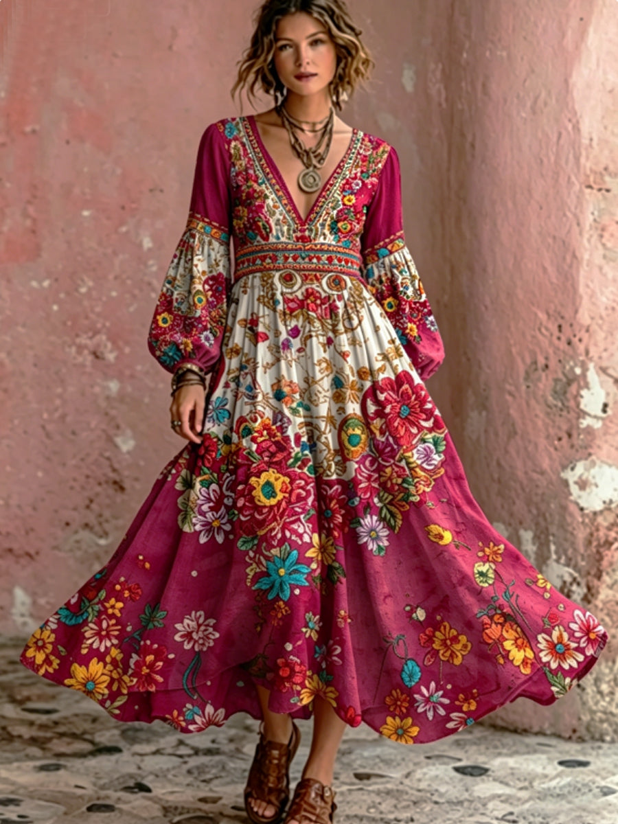 Women's Bohemian Floral Embroidery Art V-Neck Elegant Chic Loose Long Sleeve Maxi Dress