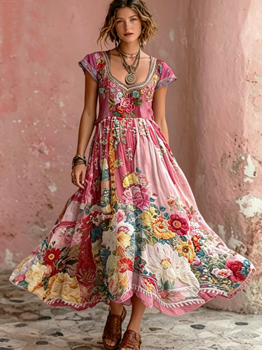 Women's Bohemian Floral Embroidery Art Round Neck Short Sleeve Maxi Dress