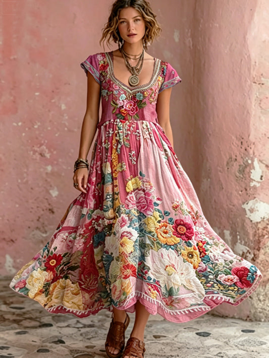 Women's Bohemian Floral Embroidery Art Round Neck Short Sleeve Maxi Dress