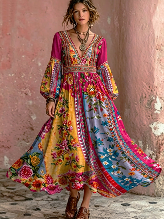 Women's Bohemian Floral Embroidery Art V-Neck Elegant Chic Loose Long Sleeve Maxi Dress