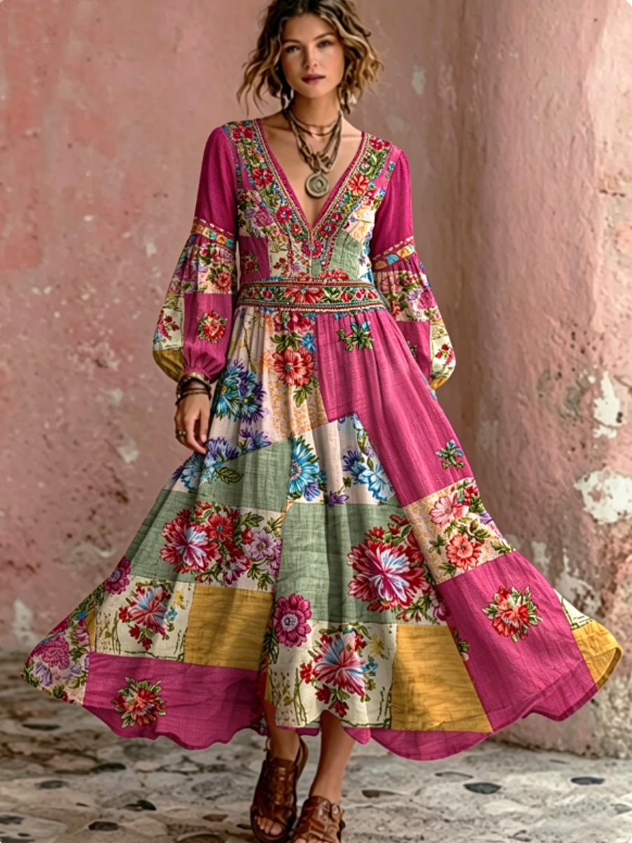 Women's Bohemian Floral Embroidery Art V-Neck Elegant Chic Loose Long Sleeve Maxi Dress