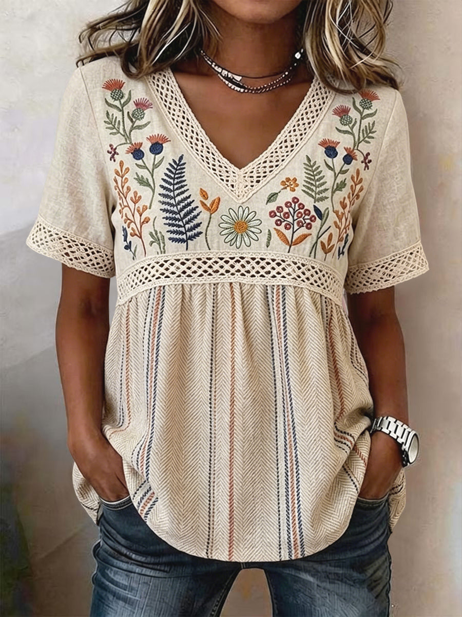 Women's Retro Striped Floral Patchwork V-Neck Cotton-Linen Blouse