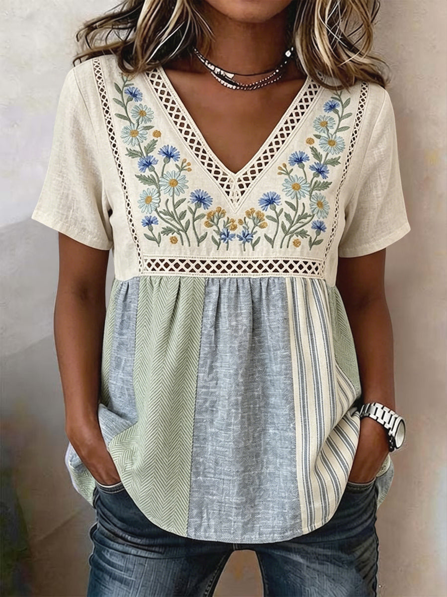 Women's Vintage Floral Patchwork V-Neck Cotton-Linen Blouse