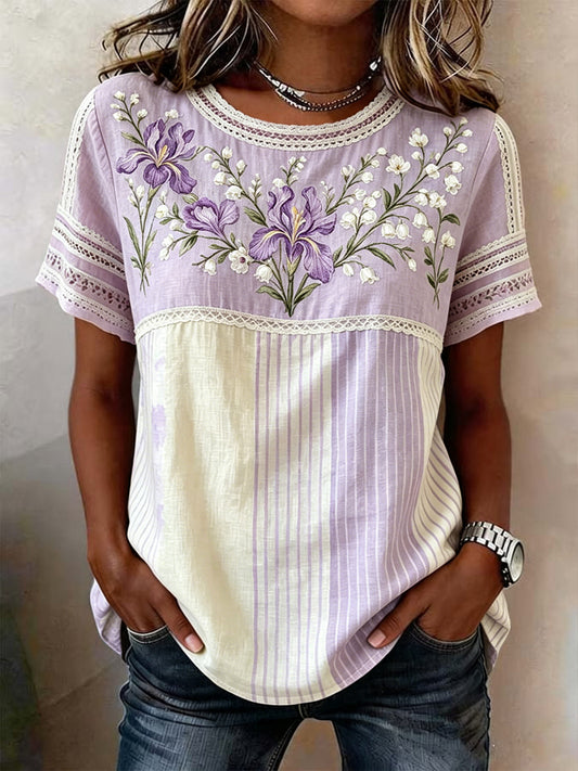 Women's Retro Romantic Floral Patchwork Cotton-Linen T-Shirt