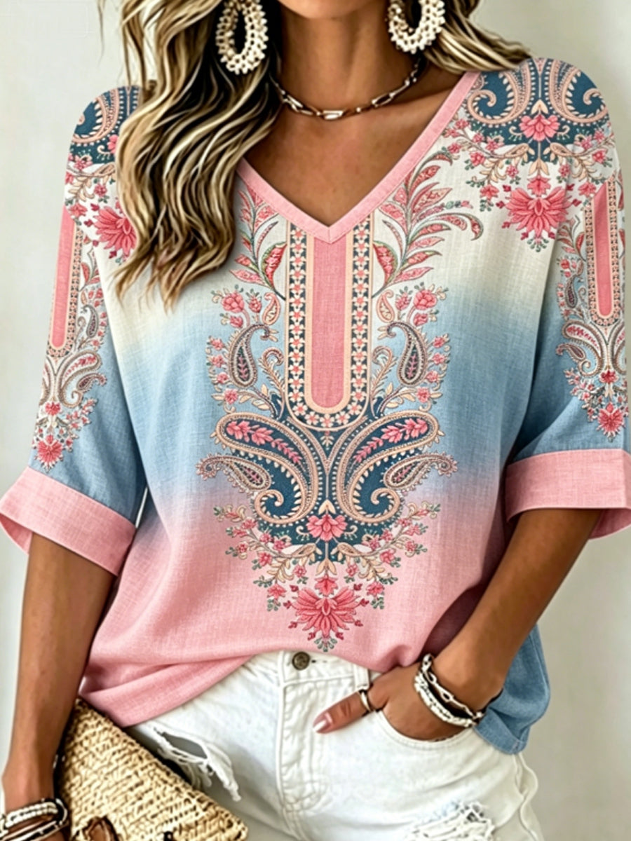 Women's Vintage Bohemian Embroidered Floral V-Neck Cotton-Linen Top