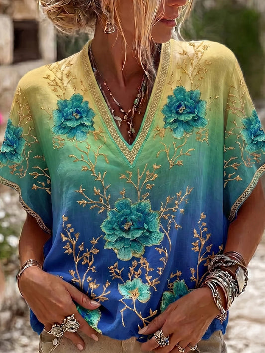Women's Vintage Floral Art Print Casual Cotton-Linen Top